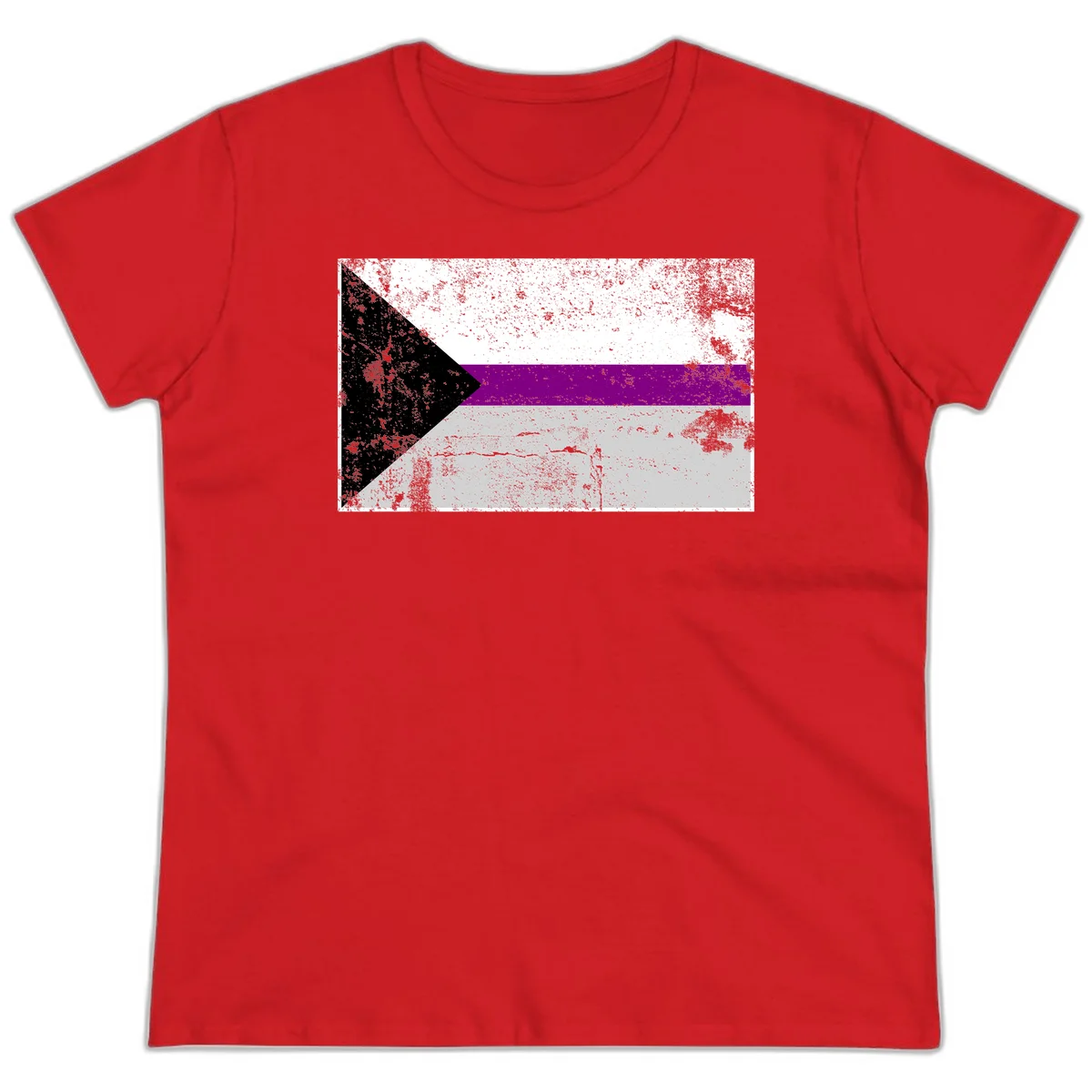 Asexual pride flag with black, purple, white, and gray horizontal stripes and rightward chevron, distressed grunge texture in Red