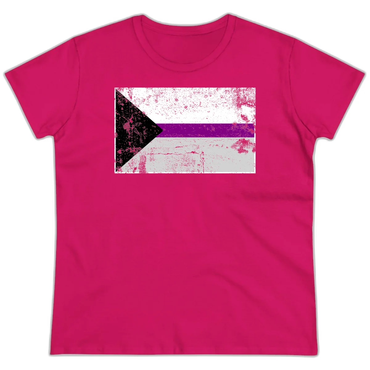 Asexual pride flag with black, purple, white, and gray horizontal stripes and rightward chevron, distressed grunge texture in Heliconia