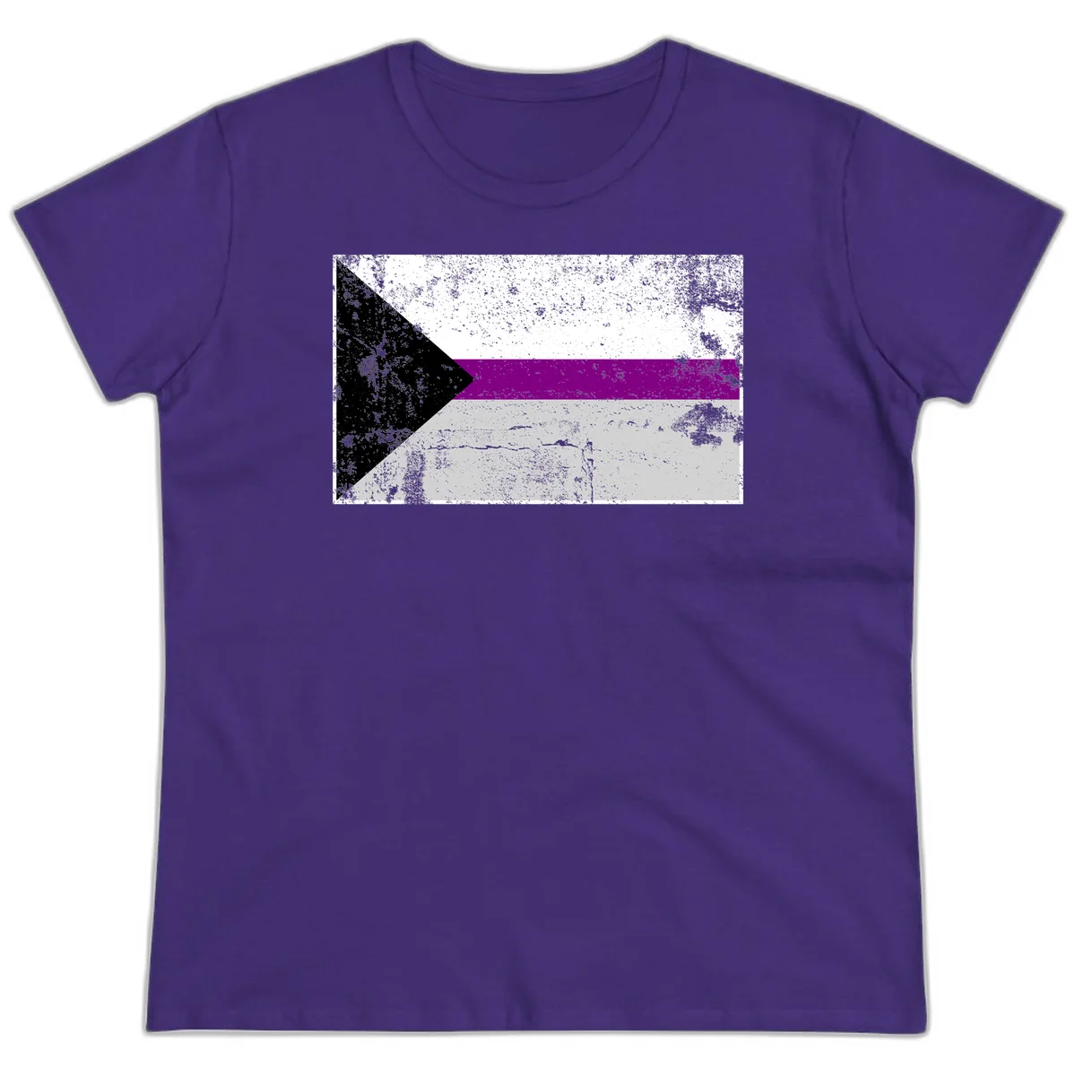 Asexual pride flag with black, purple, white, and gray horizontal stripes and rightward chevron, distressed grunge texture in Purple