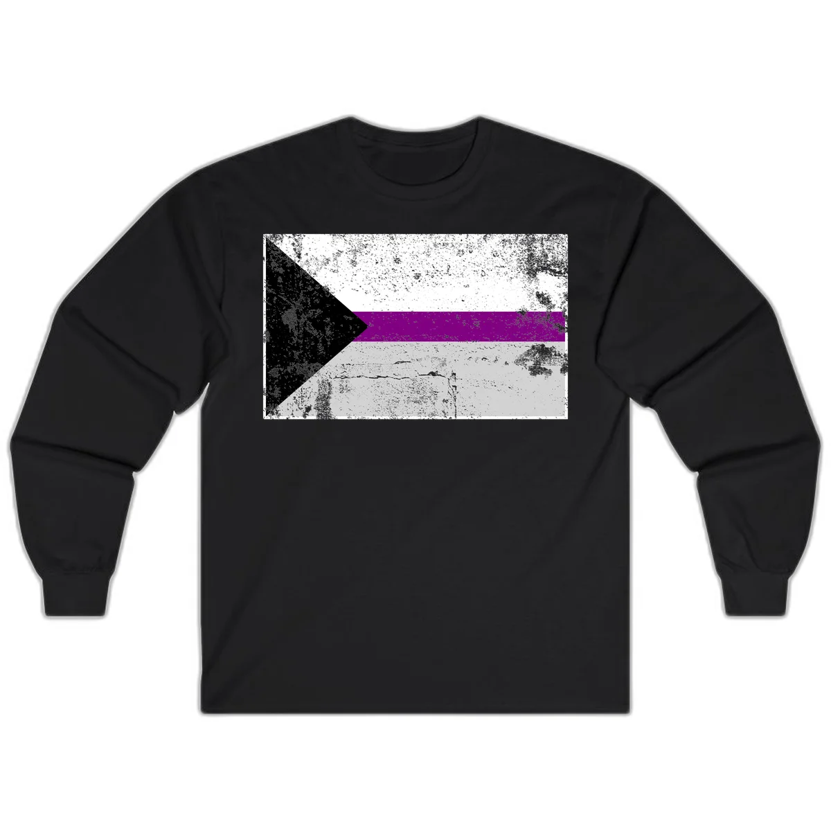 Asexual pride flag with black, purple, white, and gray horizontal stripes and rightward chevron, distressed grunge texture in Black