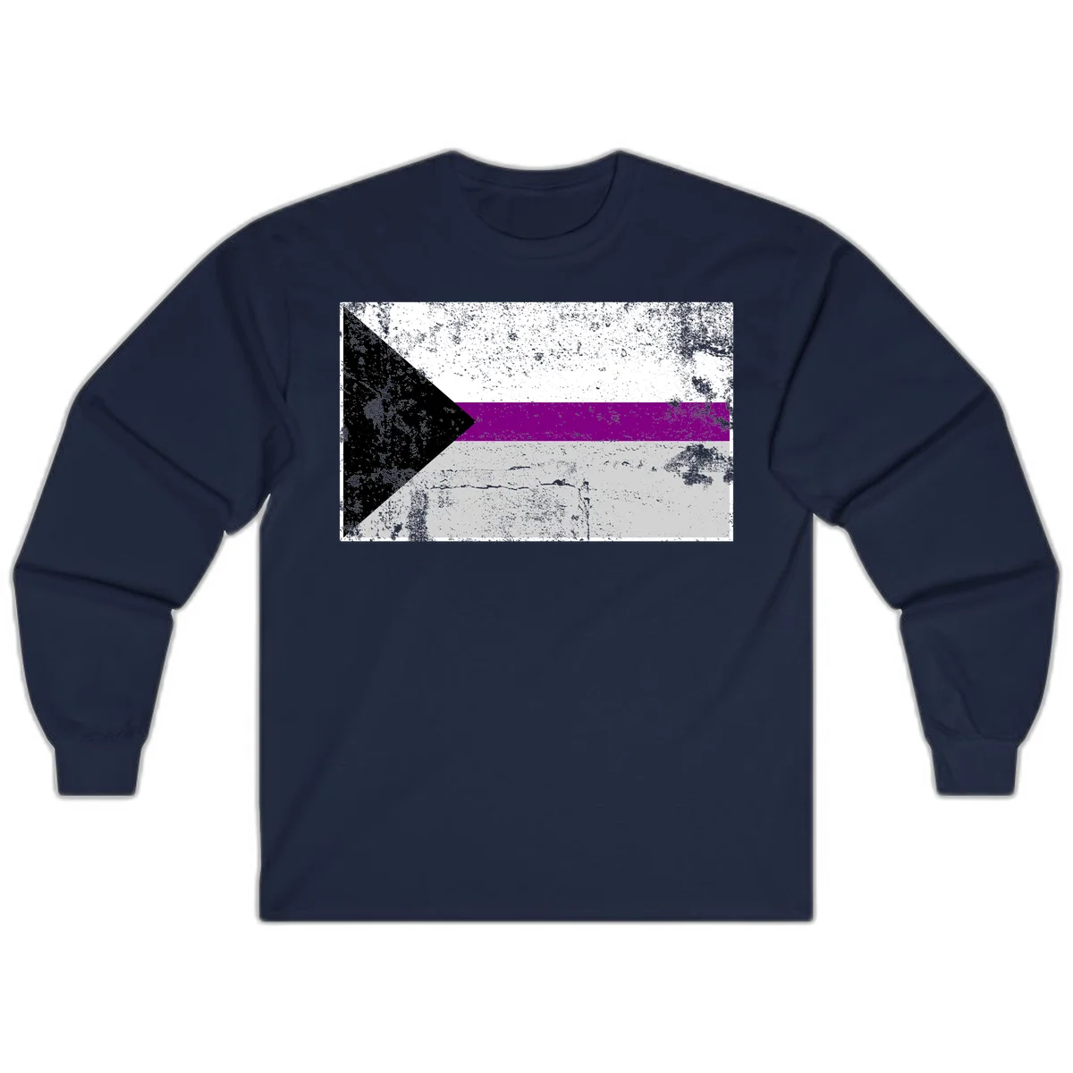 Asexual pride flag with black, purple, white, and gray horizontal stripes and rightward chevron, distressed grunge texture in Navy