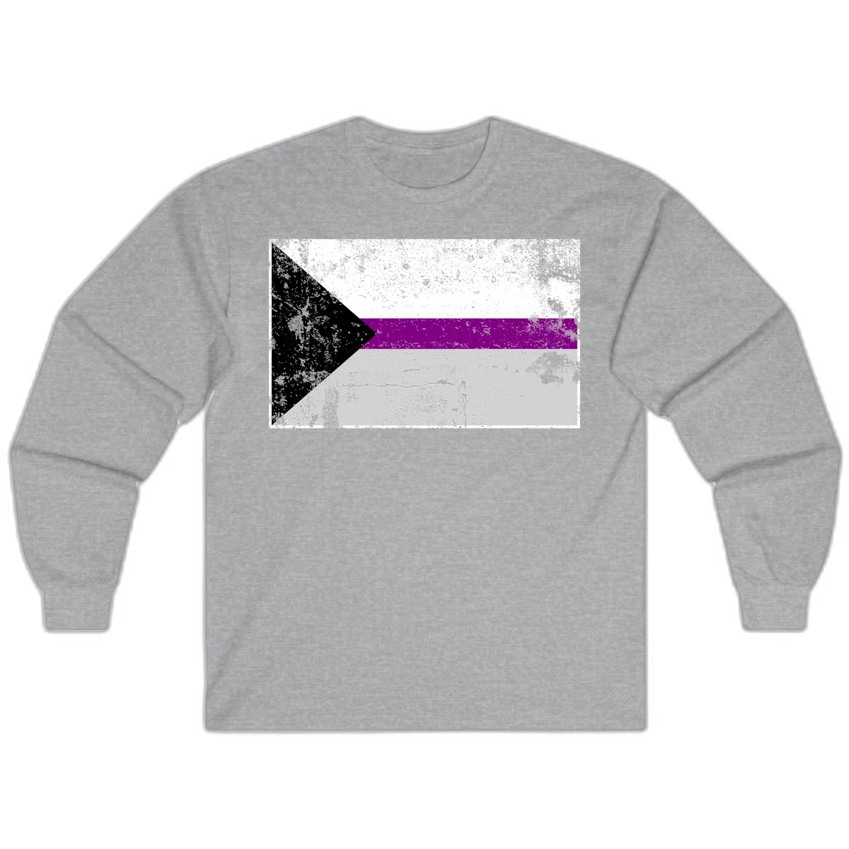 Asexual pride flag with black, purple, white, and gray horizontal stripes and rightward chevron, distressed grunge texture in Sport Grey