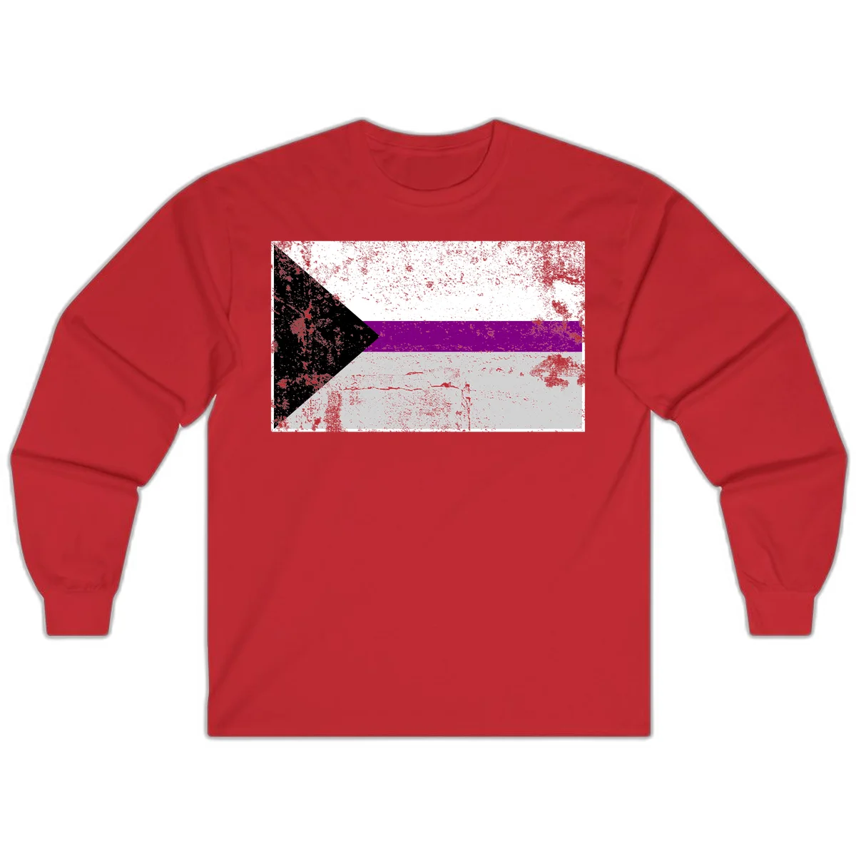 Asexual pride flag with black, purple, white, and gray horizontal stripes and rightward chevron, distressed grunge texture in Red