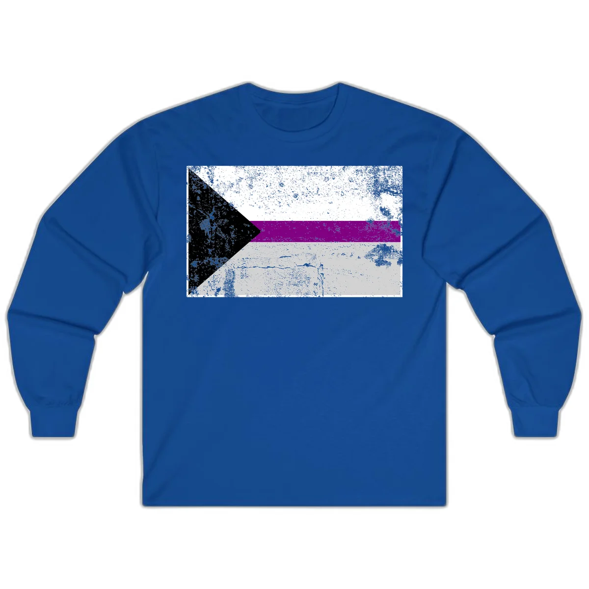 Asexual pride flag with black, purple, white, and gray horizontal stripes and rightward chevron, distressed grunge texture in Royal