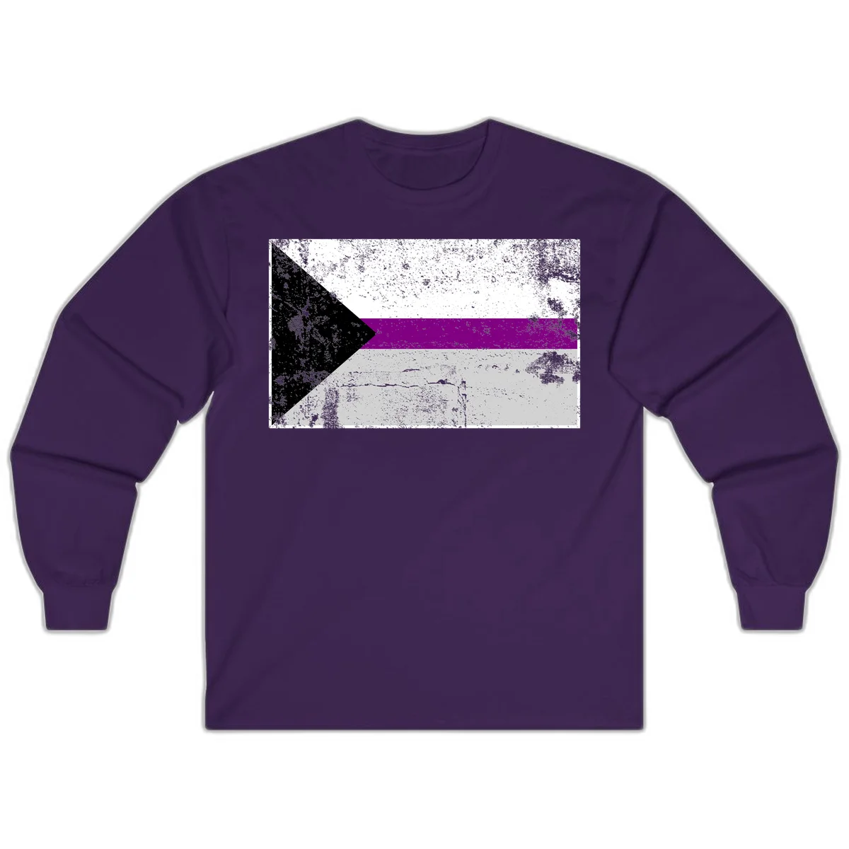 Asexual pride flag with black, purple, white, and gray horizontal stripes and rightward chevron, distressed grunge texture in Purple