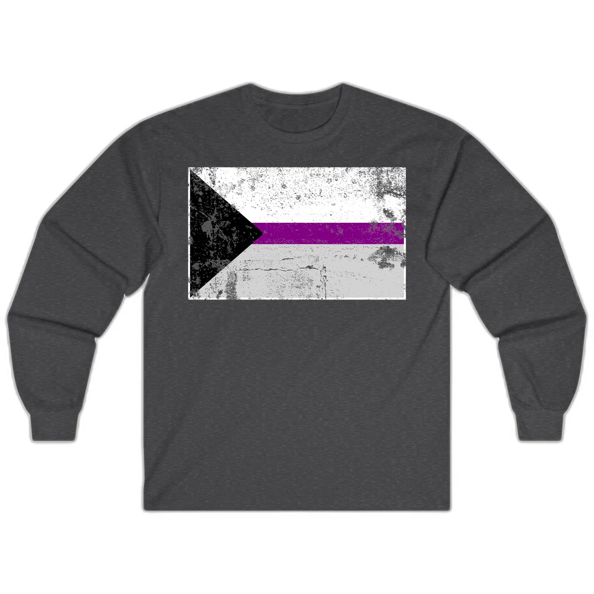 Asexual pride flag with black, purple, white, and gray horizontal stripes and rightward chevron, distressed grunge texture in Dark Heather