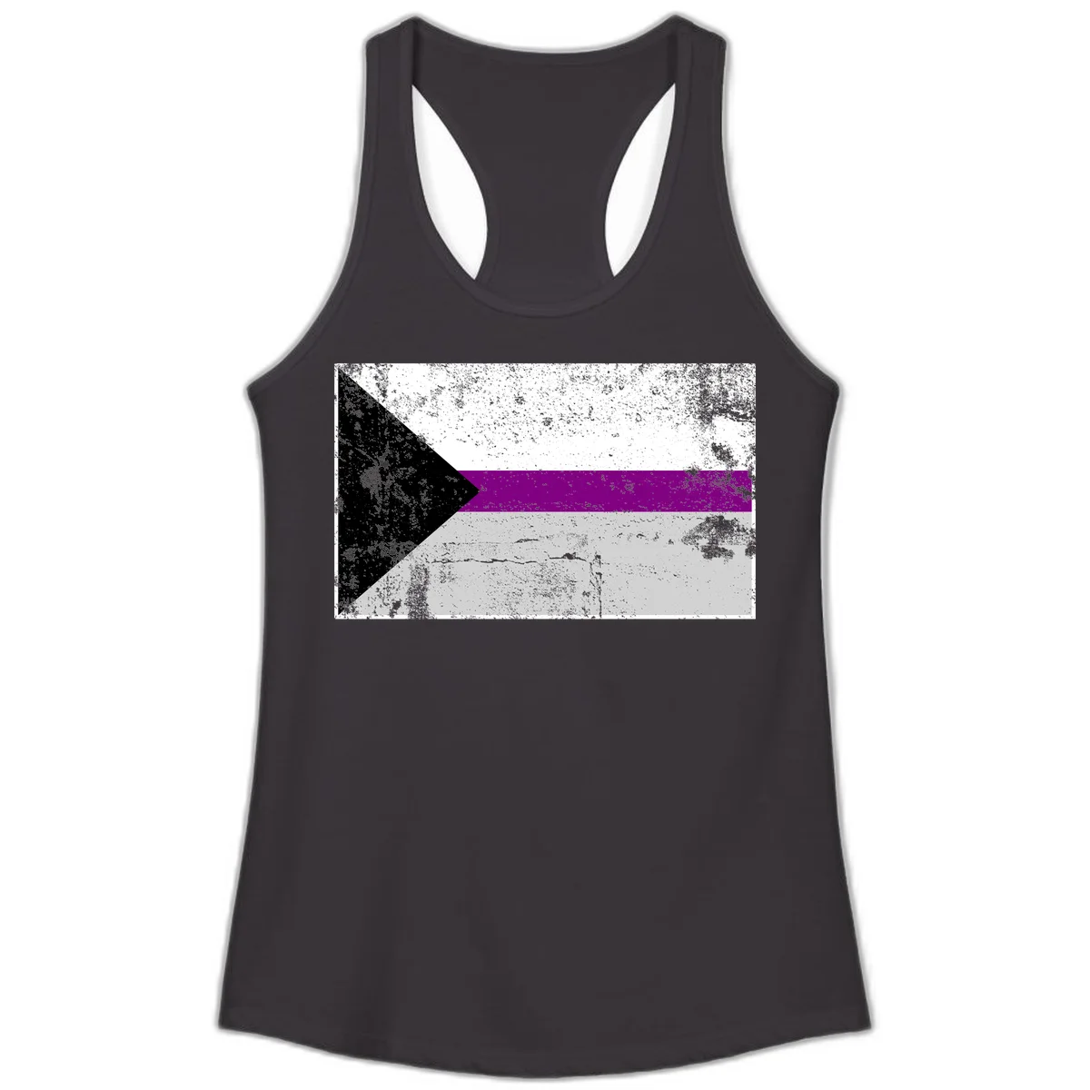 Asexual pride flag with black, purple, white, and gray horizontal stripes and rightward chevron, distressed grunge texture in Black