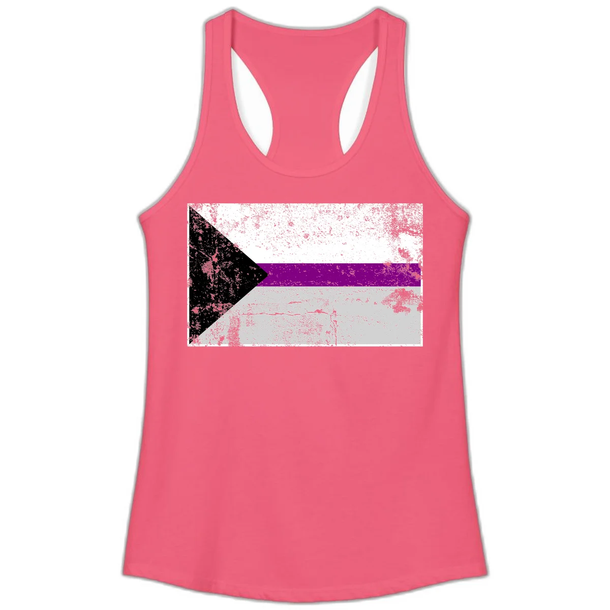 Asexual pride flag with black, purple, white, and gray horizontal stripes and rightward chevron, distressed grunge texture in Hot Pink