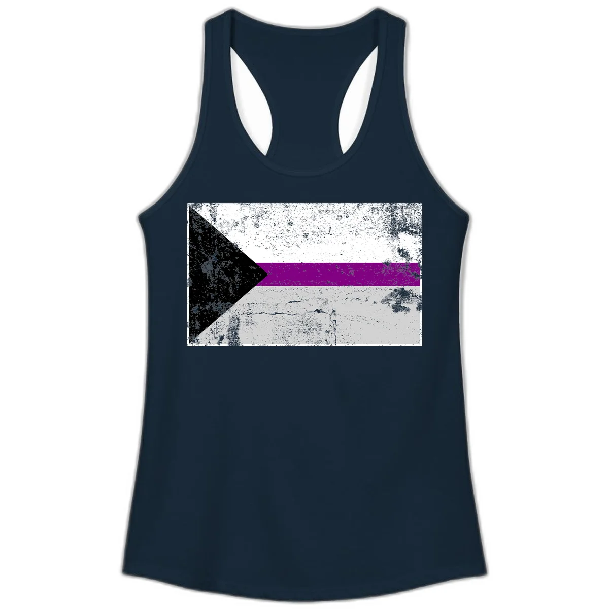Asexual pride flag with black, purple, white, and gray horizontal stripes and rightward chevron, distressed grunge texture in Solid Midnight Navy