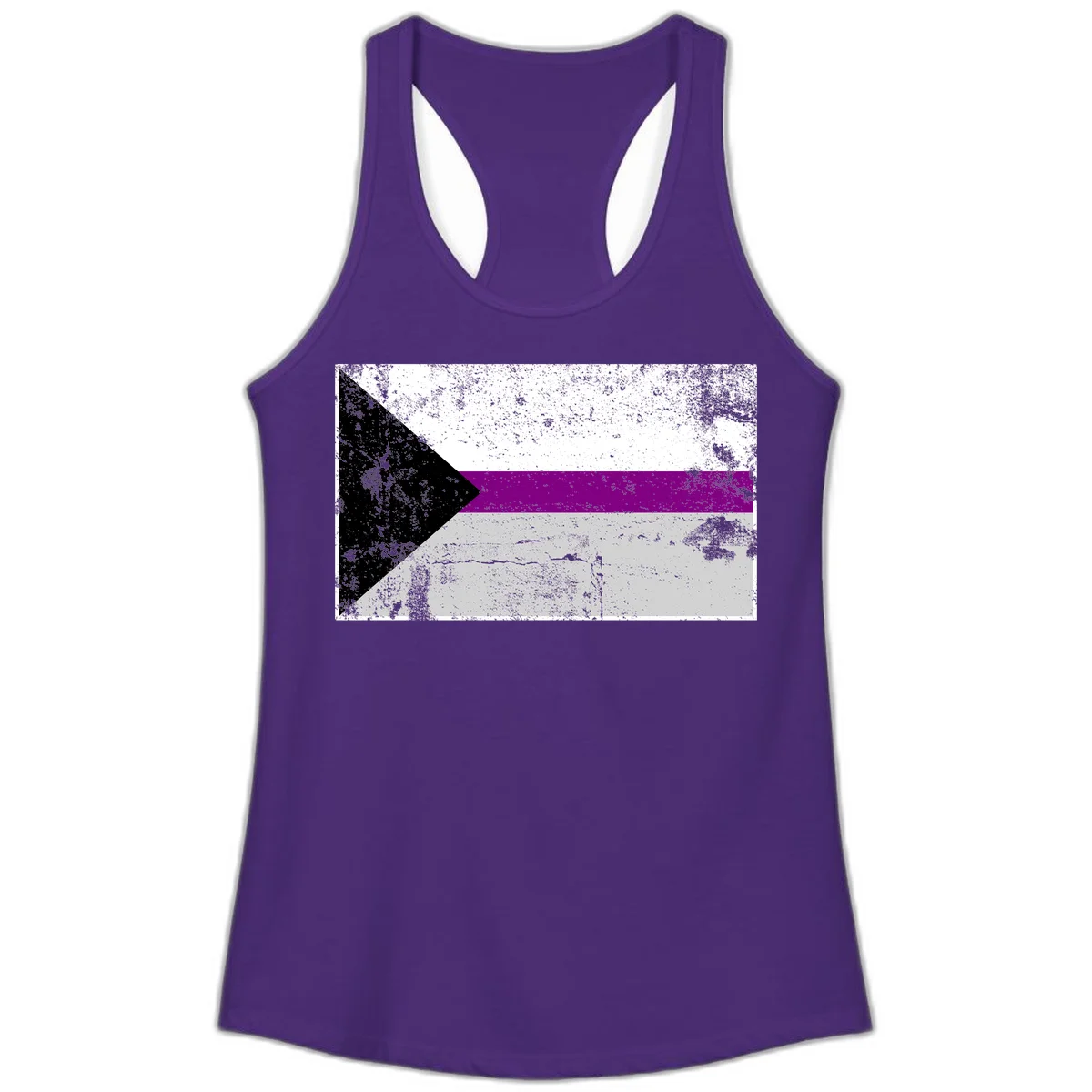 Asexual pride flag with black, purple, white, and gray horizontal stripes and rightward chevron, distressed grunge texture in Solid Purple Rush
