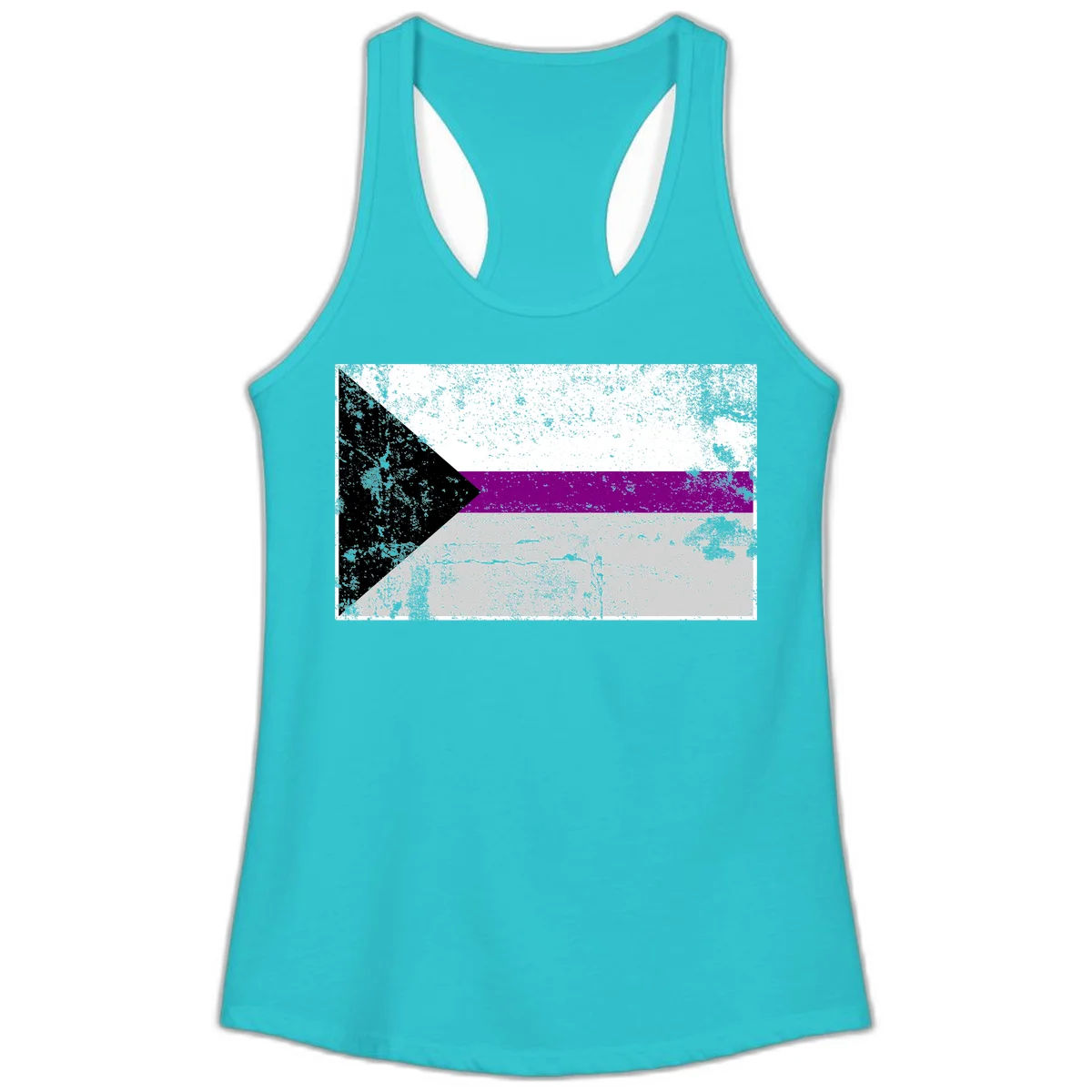 Asexual pride flag with black, purple, white, and gray horizontal stripes and rightward chevron, distressed grunge texture in Solid Tahiti Blue