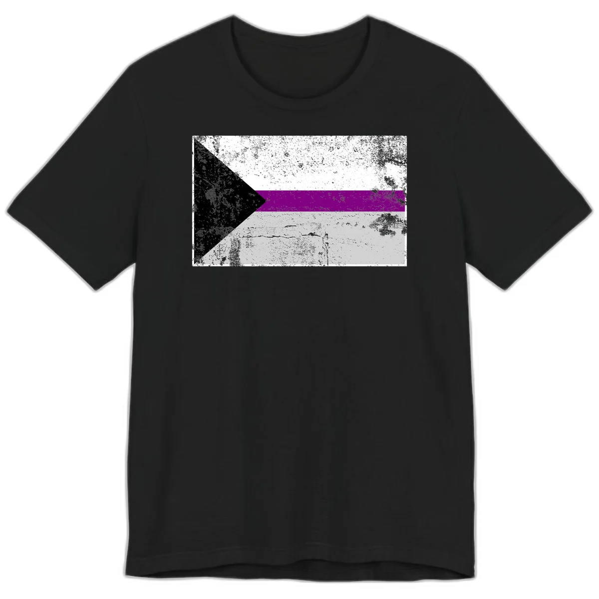 Asexual pride flag with black, purple, white, and gray horizontal stripes and rightward chevron, distressed grunge texture in Black