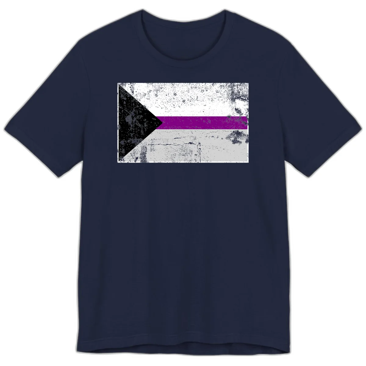 Asexual pride flag with black, purple, white, and gray horizontal stripes and rightward chevron, distressed grunge texture in Navy