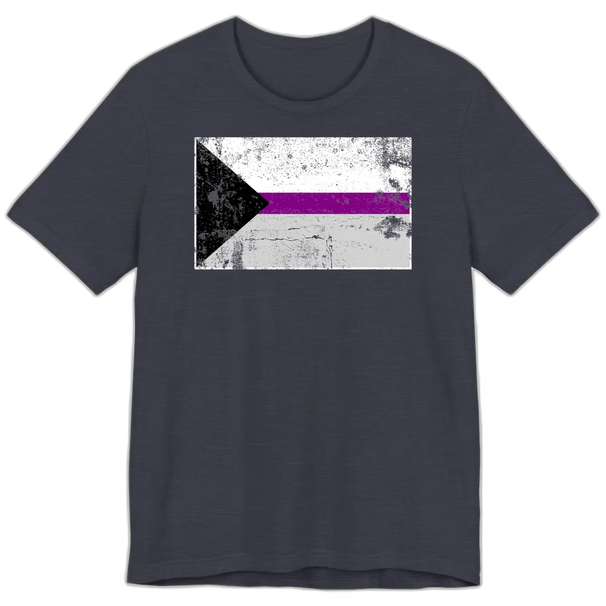 Asexual pride flag with black, purple, white, and gray horizontal stripes and rightward chevron, distressed grunge texture in Heather Midnight Navy