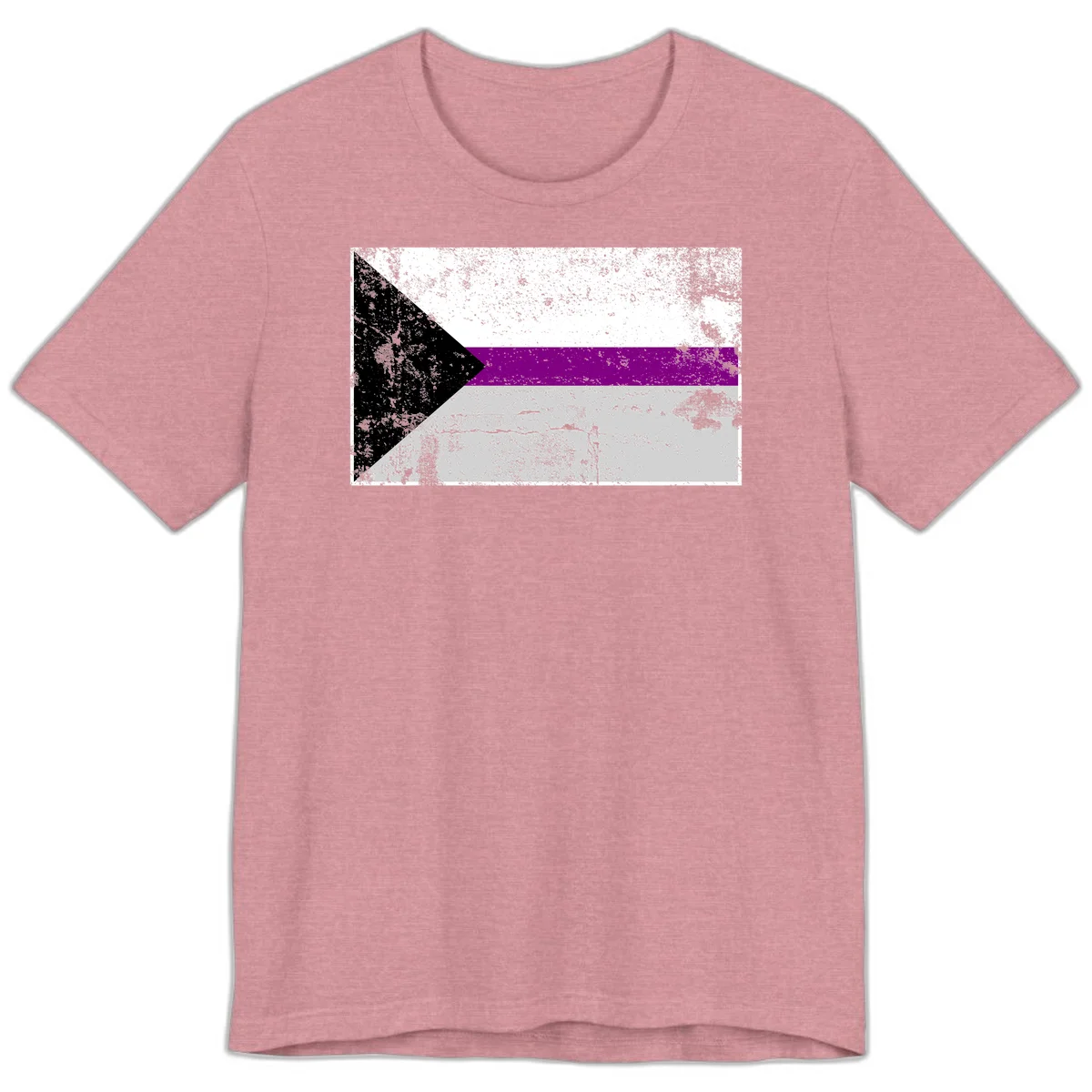 Asexual pride flag with black, purple, white, and gray horizontal stripes and rightward chevron, distressed grunge texture in Heather Orchid