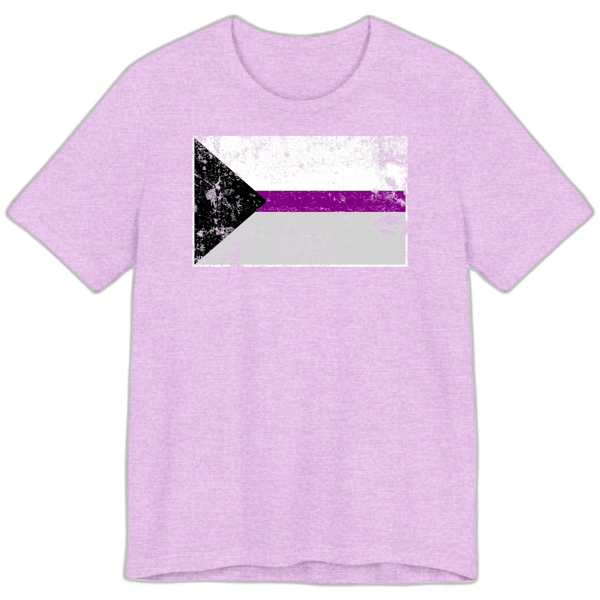 Asexual pride flag with black, purple, white, and gray horizontal stripes and rightward chevron, distressed grunge texture in Heather Prism Lilac