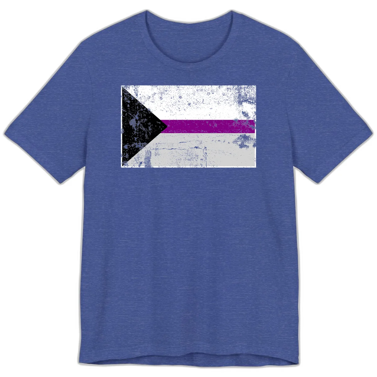 Asexual pride flag with black, purple, white, and gray horizontal stripes and rightward chevron, distressed grunge texture in Heather True Royal