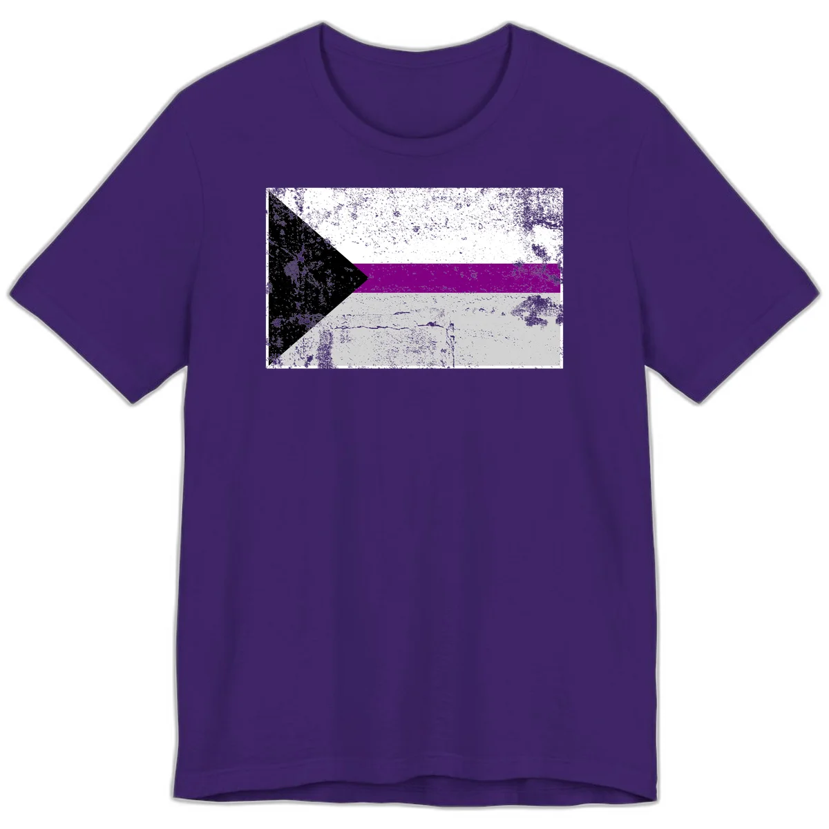 Asexual pride flag with black, purple, white, and gray horizontal stripes and rightward chevron, distressed grunge texture in Team Purple