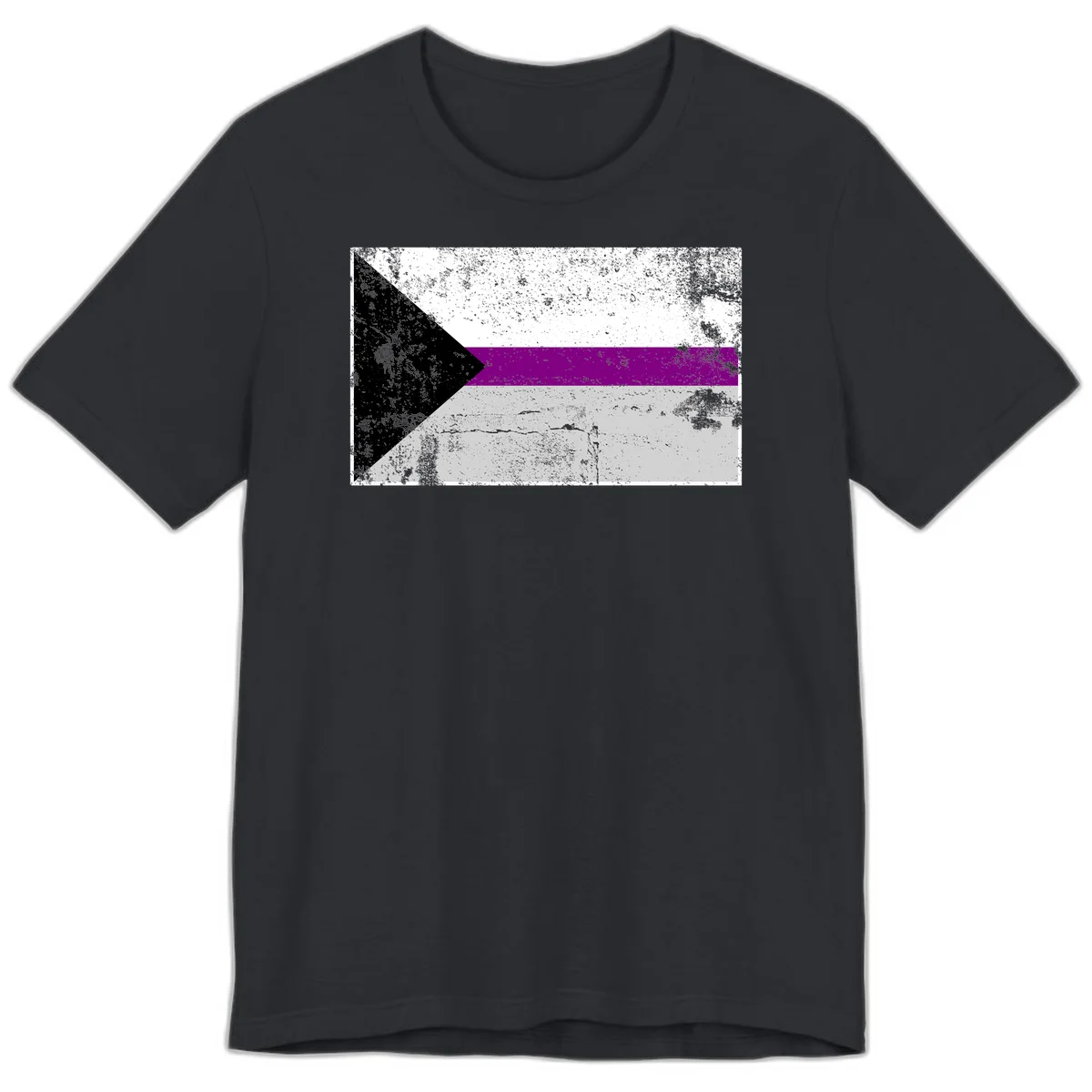Asexual pride flag with black, purple, white, and gray horizontal stripes and rightward chevron, distressed grunge texture in Vintage Black
