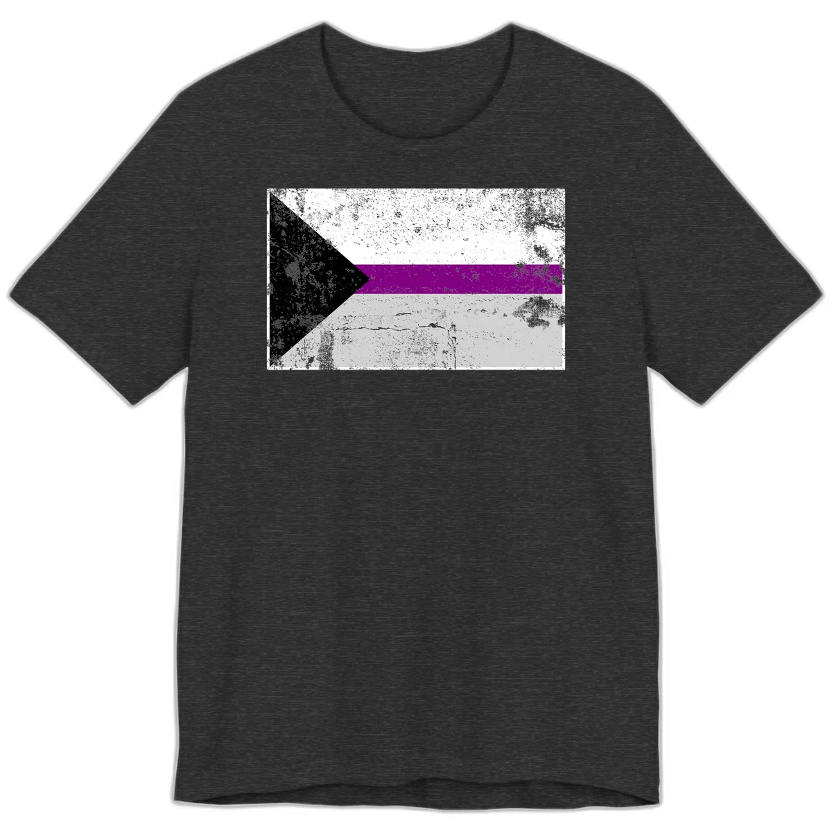Asexual pride flag with black, purple, white, and gray horizontal stripes and rightward chevron, distressed grunge texture in Dark Grey Heather