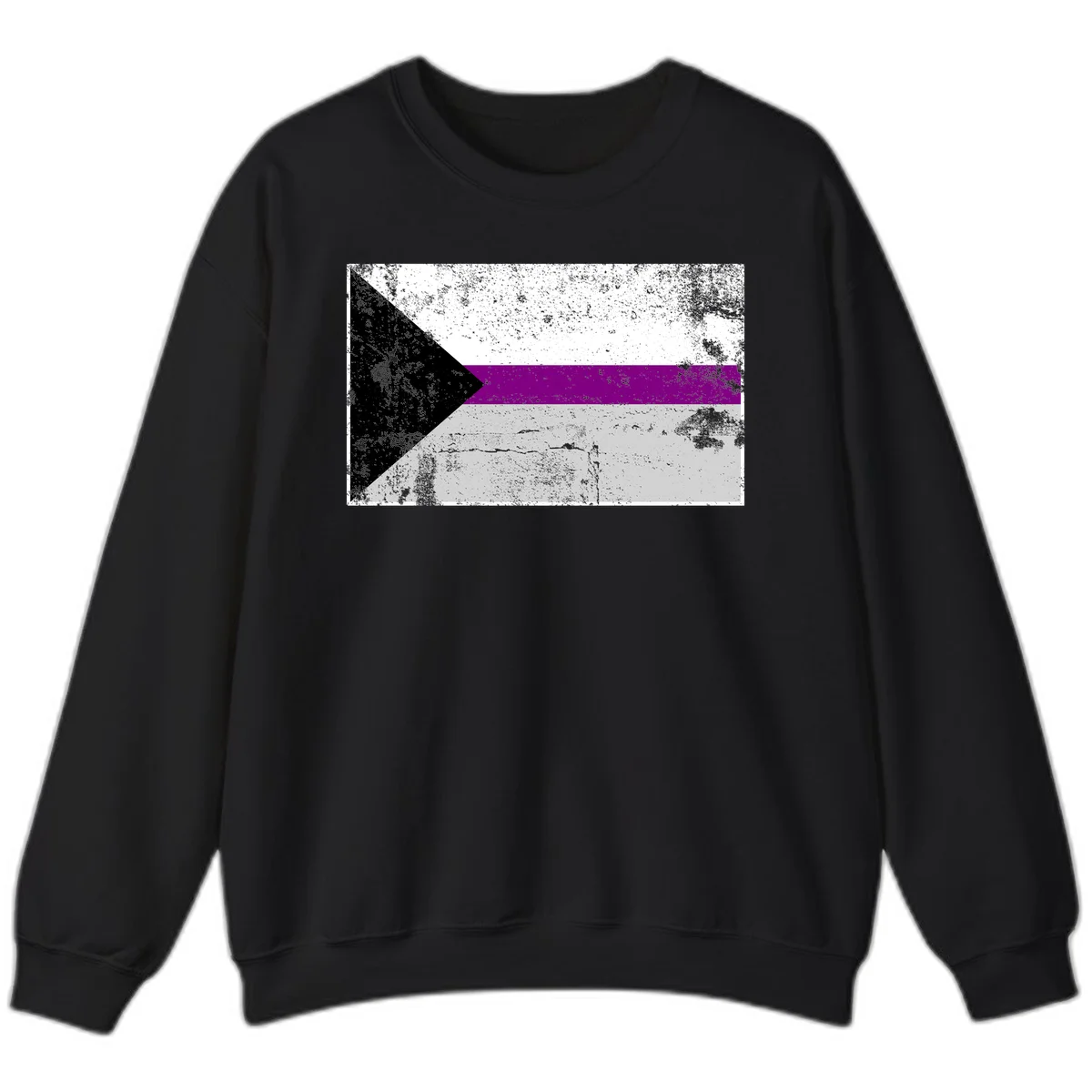 Asexual pride flag with black, purple, white, and gray horizontal stripes and rightward chevron, distressed grunge texture in Black