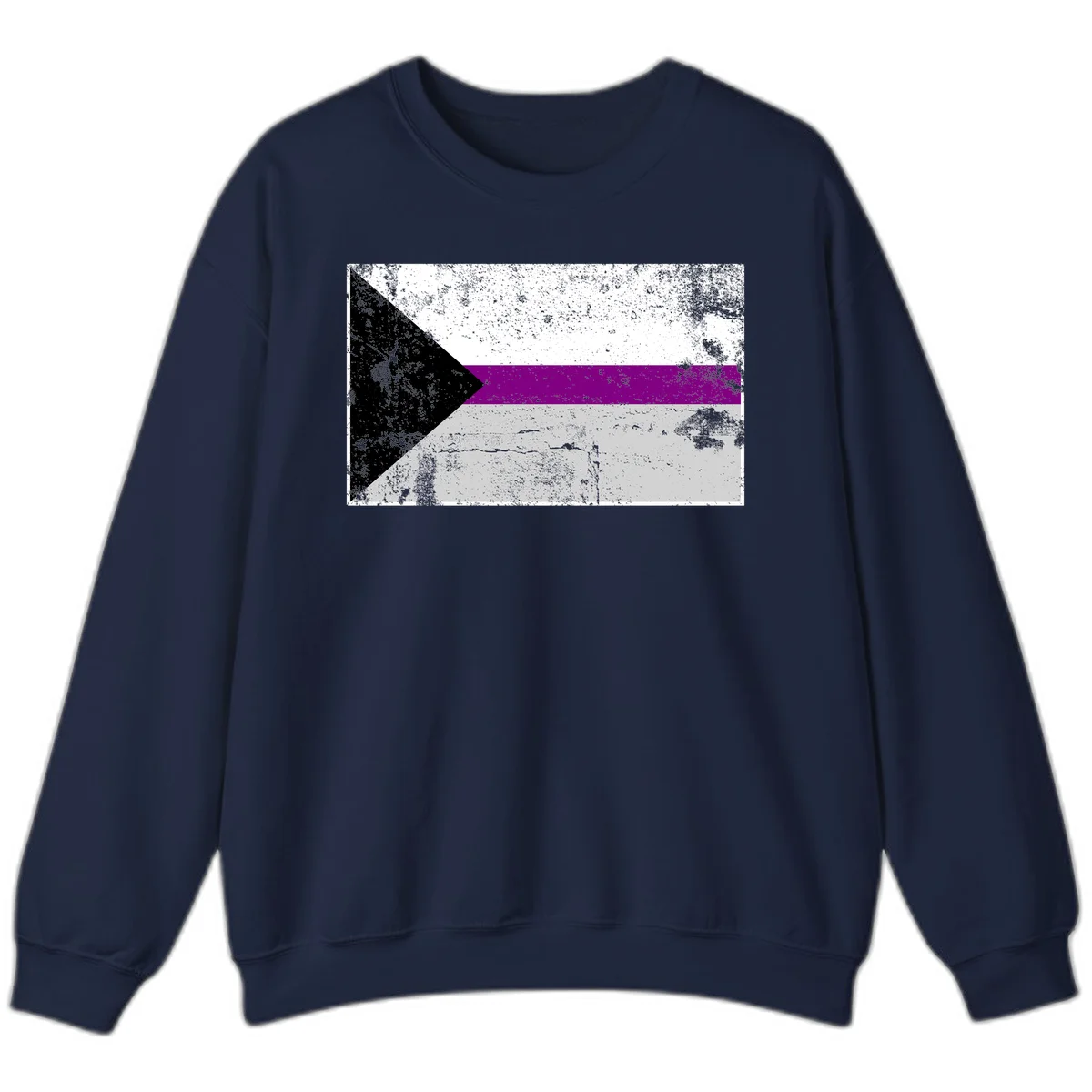 Asexual pride flag with black, purple, white, and gray horizontal stripes and rightward chevron, distressed grunge texture in Navy