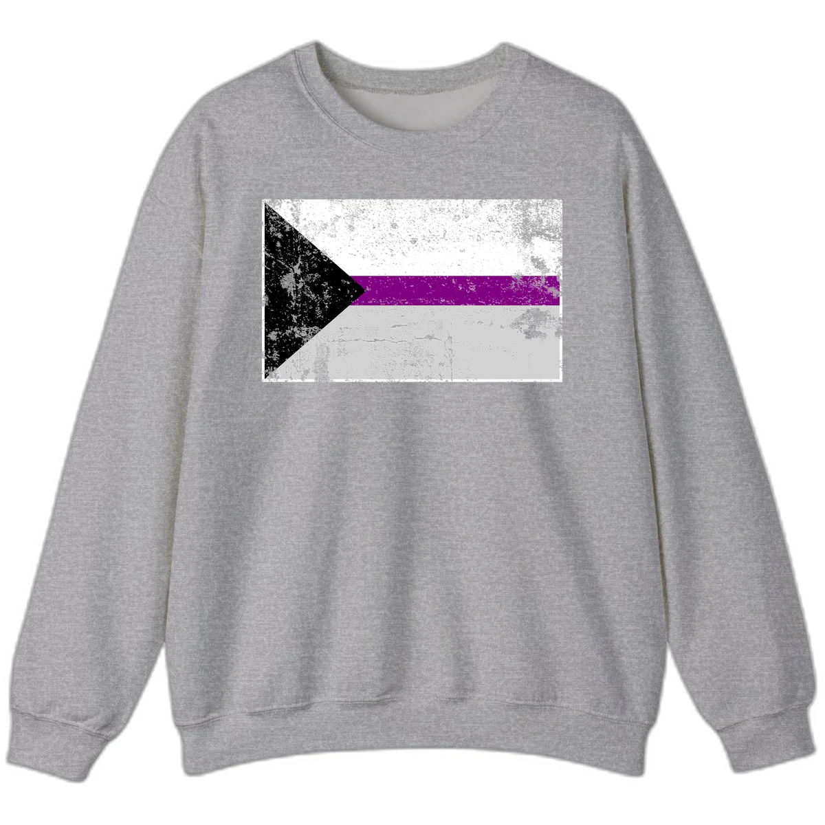 Asexual pride flag with black, purple, white, and gray horizontal stripes and rightward chevron, distressed grunge texture in Sport Grey