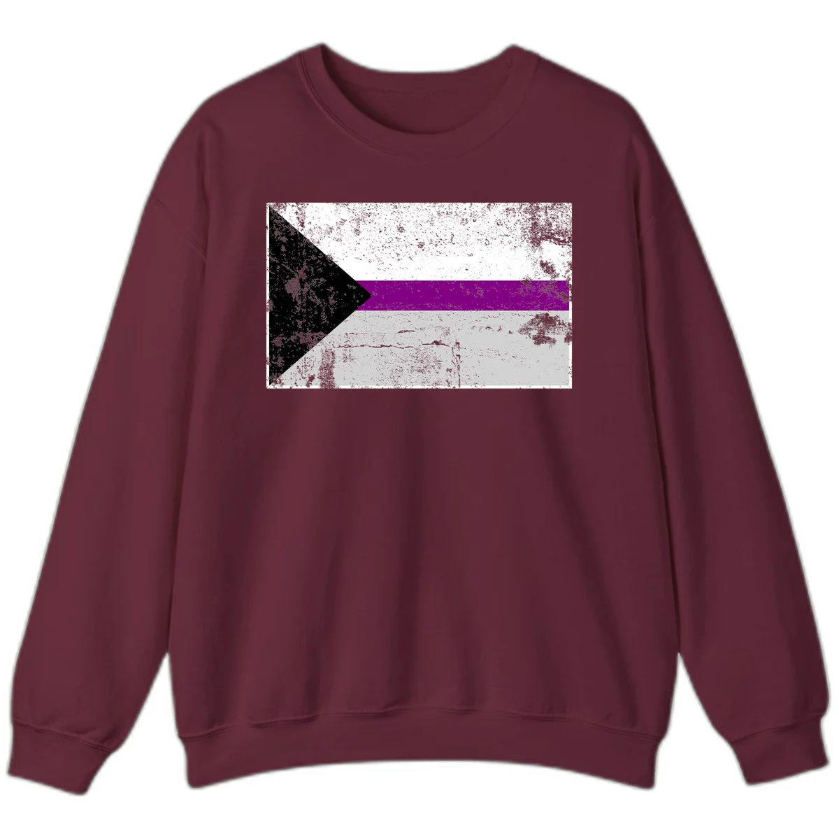 Asexual pride flag with black, purple, white, and gray horizontal stripes and rightward chevron, distressed grunge texture in Maroon