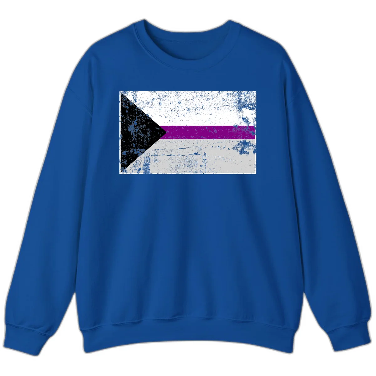 Asexual pride flag with black, purple, white, and gray horizontal stripes and rightward chevron, distressed grunge texture in Royal