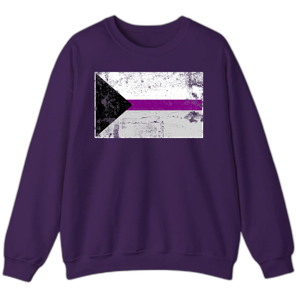 Asexual pride flag with black, purple, white, and gray horizontal stripes and rightward chevron, distressed grunge texture in Purple