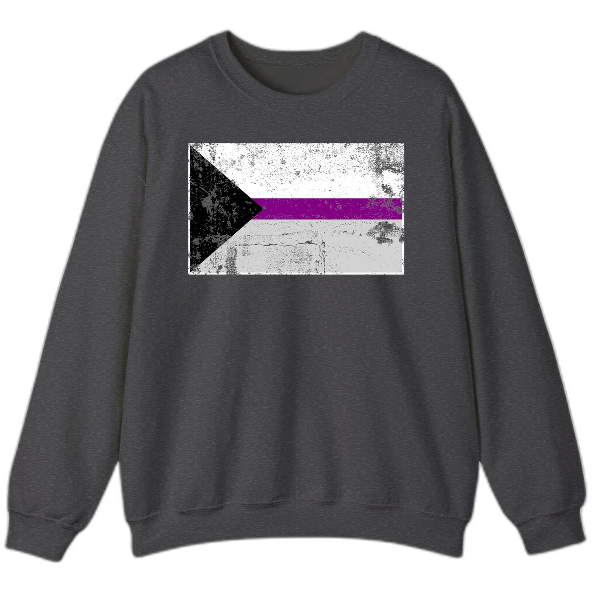 Asexual pride flag with black, purple, white, and gray horizontal stripes and rightward chevron, distressed grunge texture in Dark Heather