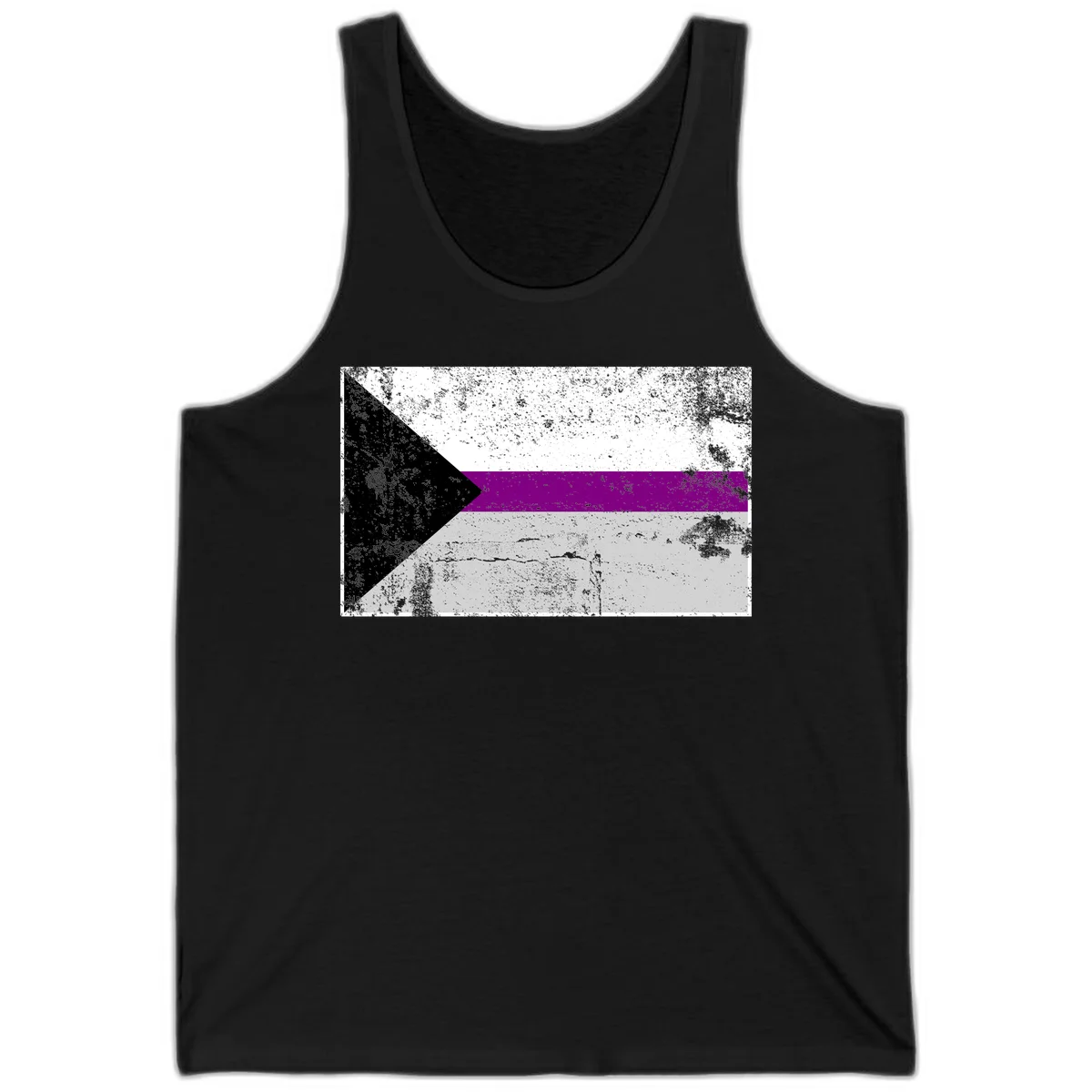 Asexual pride flag with black, purple, white, and gray horizontal stripes and rightward chevron, distressed grunge texture in Black
