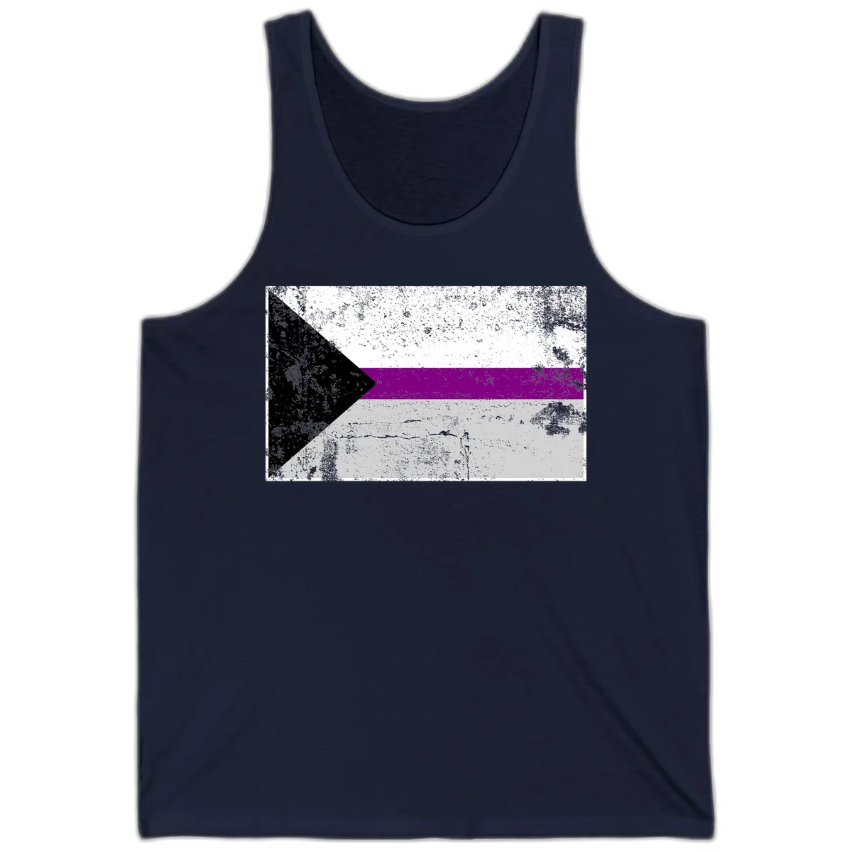 Asexual pride flag with black, purple, white, and gray horizontal stripes and rightward chevron, distressed grunge texture in Navy