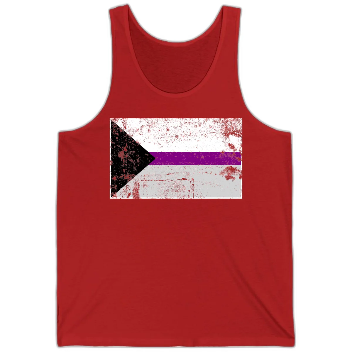 Asexual pride flag with black, purple, white, and gray horizontal stripes and rightward chevron, distressed grunge texture in Red