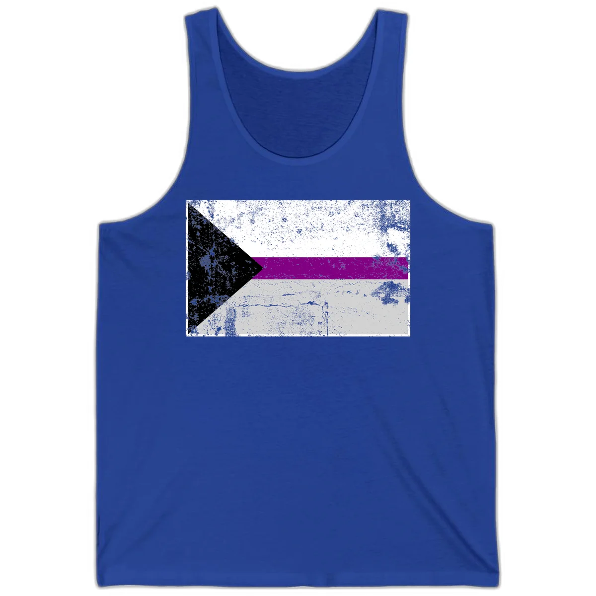 Asexual pride flag with black, purple, white, and gray horizontal stripes and rightward chevron, distressed grunge texture in True Royal