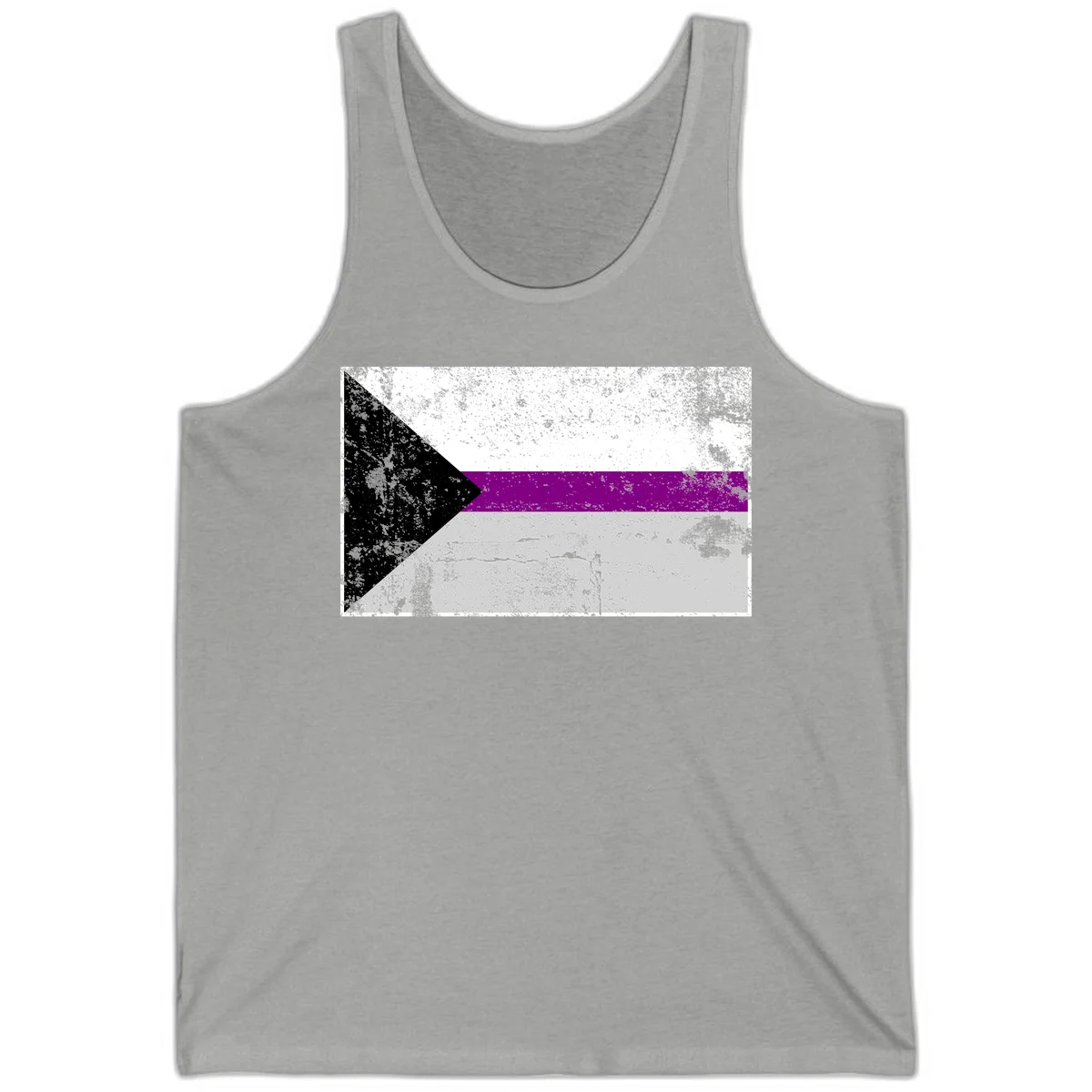 Asexual pride flag with black, purple, white, and gray horizontal stripes and rightward chevron, distressed grunge texture in Athletic Heather