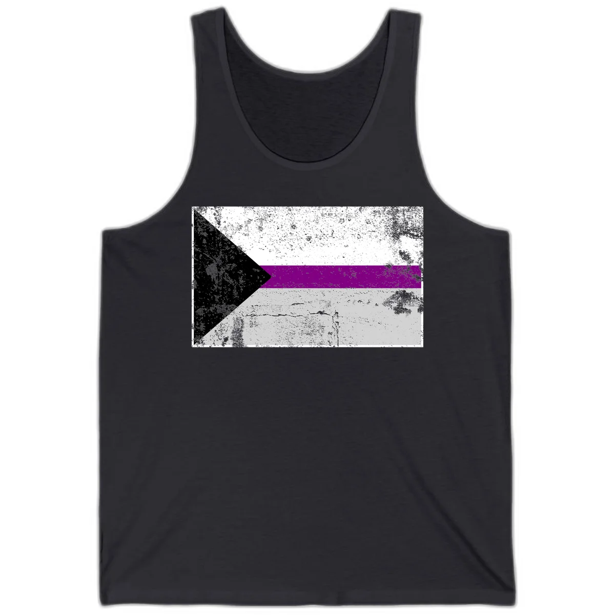 Asexual pride flag with black, purple, white, and gray horizontal stripes and rightward chevron, distressed grunge texture in Dark Grey