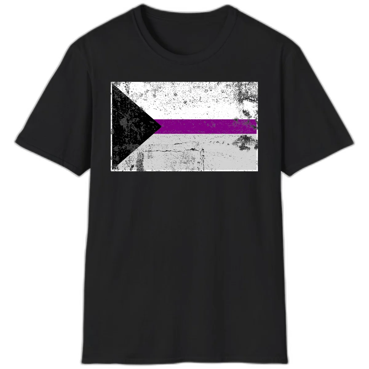 Asexual pride flag with black, purple, white, and gray horizontal stripes and rightward chevron, distressed grunge texture in Black