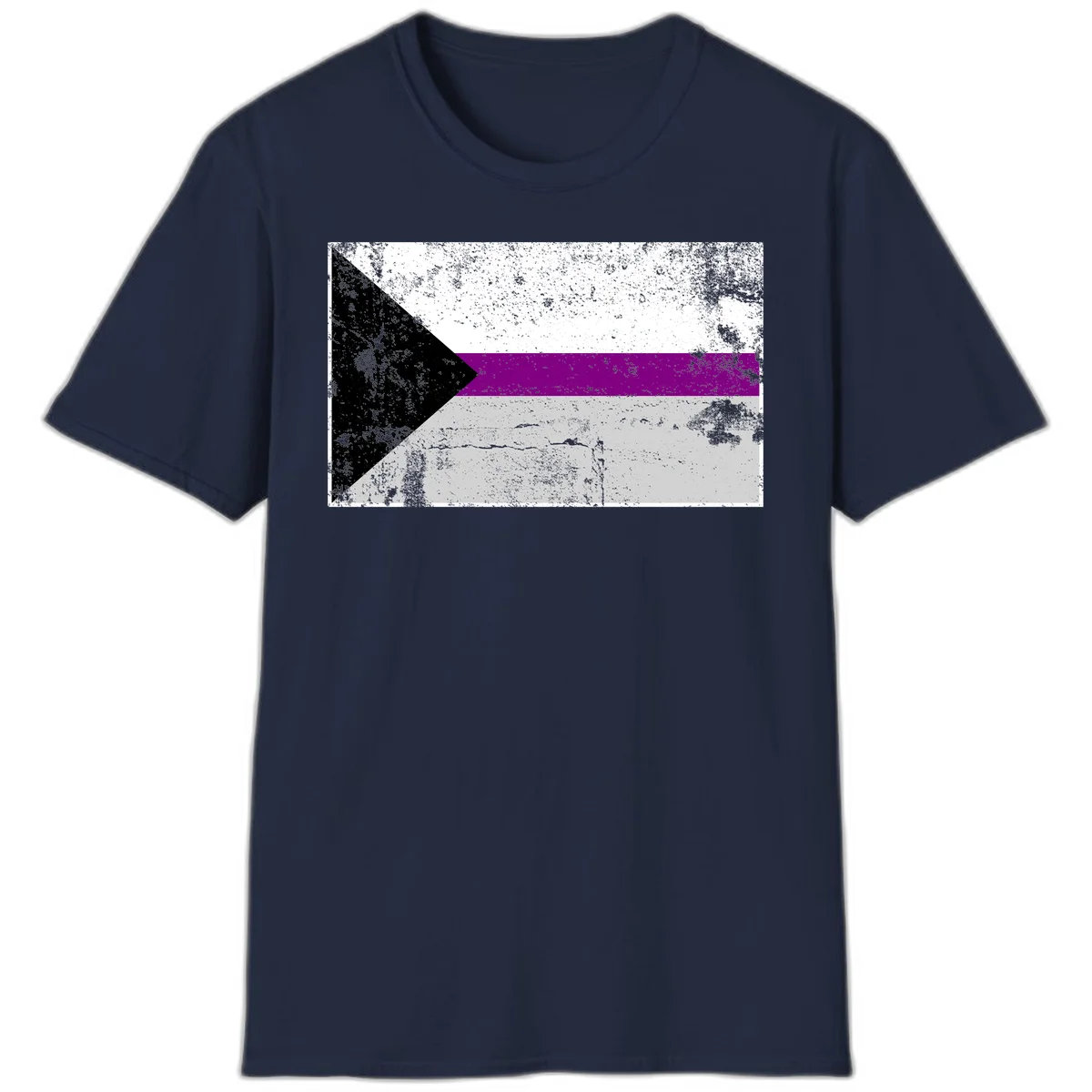 Asexual pride flag with black, purple, white, and gray horizontal stripes and rightward chevron, distressed grunge texture in Navy