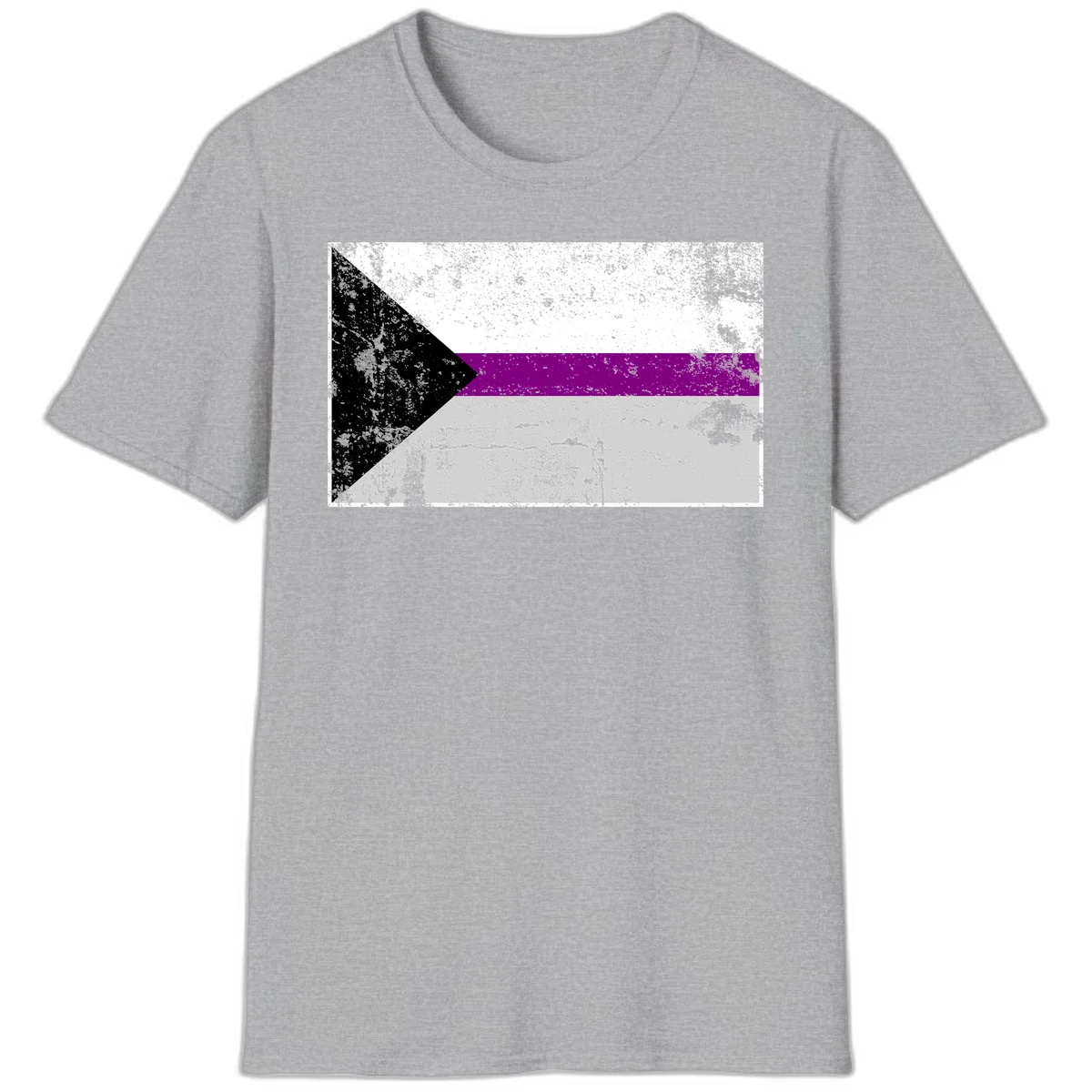 Asexual pride flag with black, purple, white, and gray horizontal stripes and rightward chevron, distressed grunge texture in Sport Grey