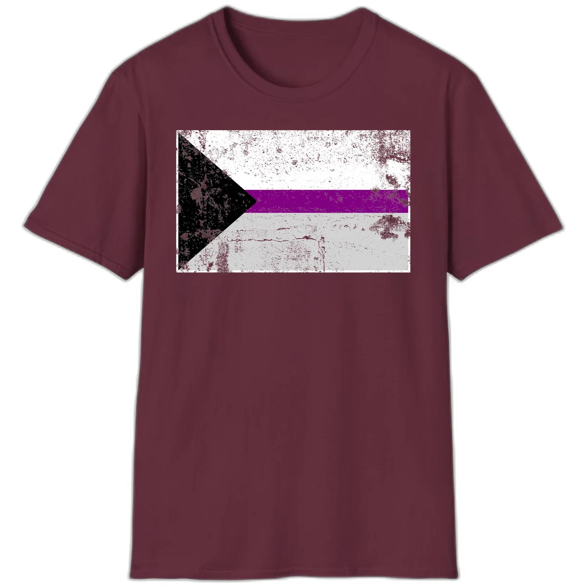 Asexual pride flag with black, purple, white, and gray horizontal stripes and rightward chevron, distressed grunge texture in Maroon