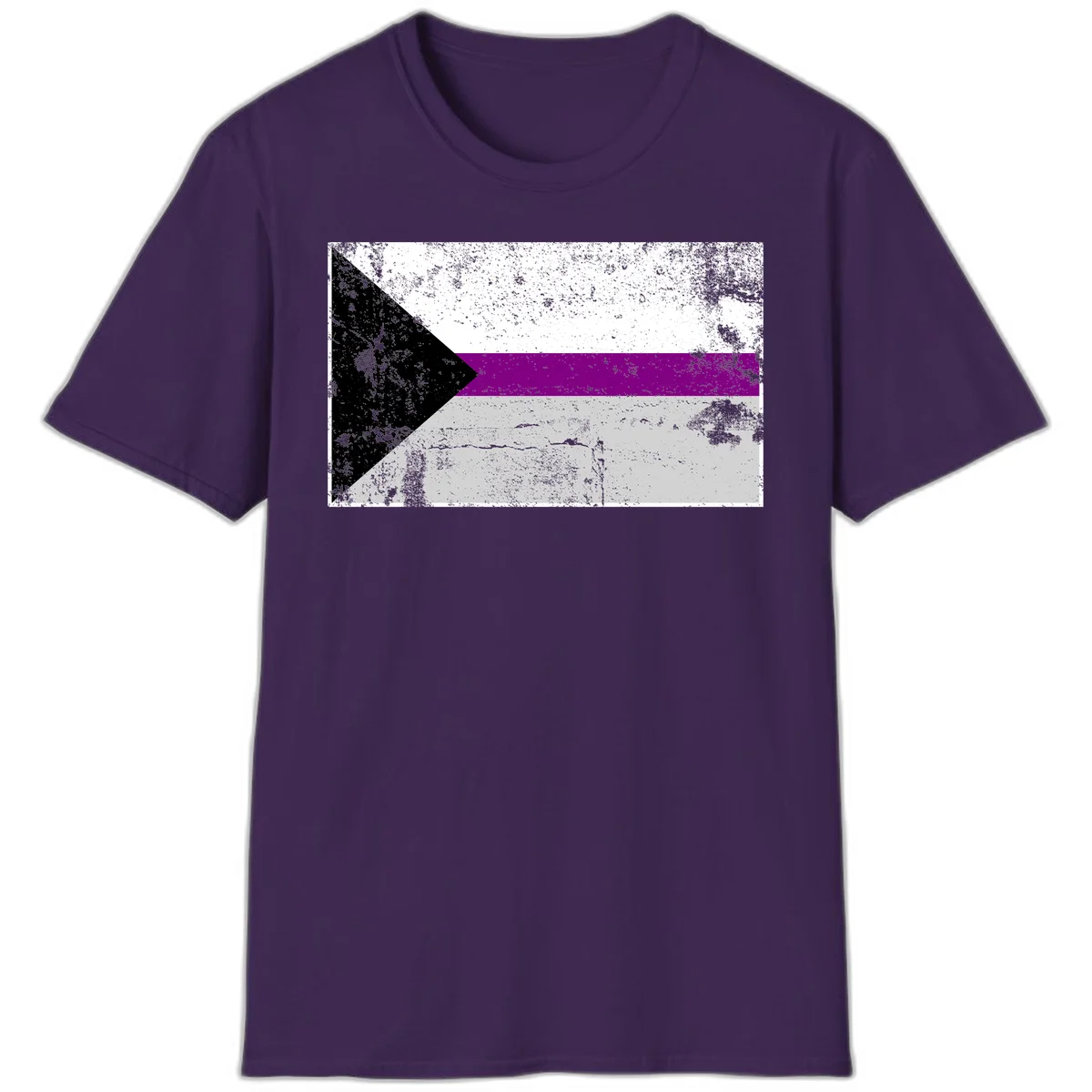Asexual pride flag with black, purple, white, and gray horizontal stripes and rightward chevron, distressed grunge texture in Purple