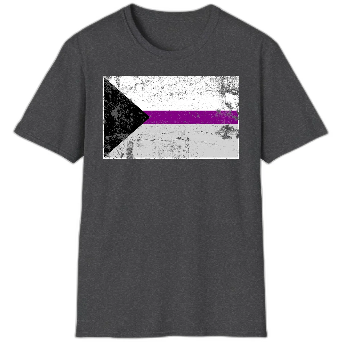Asexual pride flag with black, purple, white, and gray horizontal stripes and rightward chevron, distressed grunge texture in Dark Heather