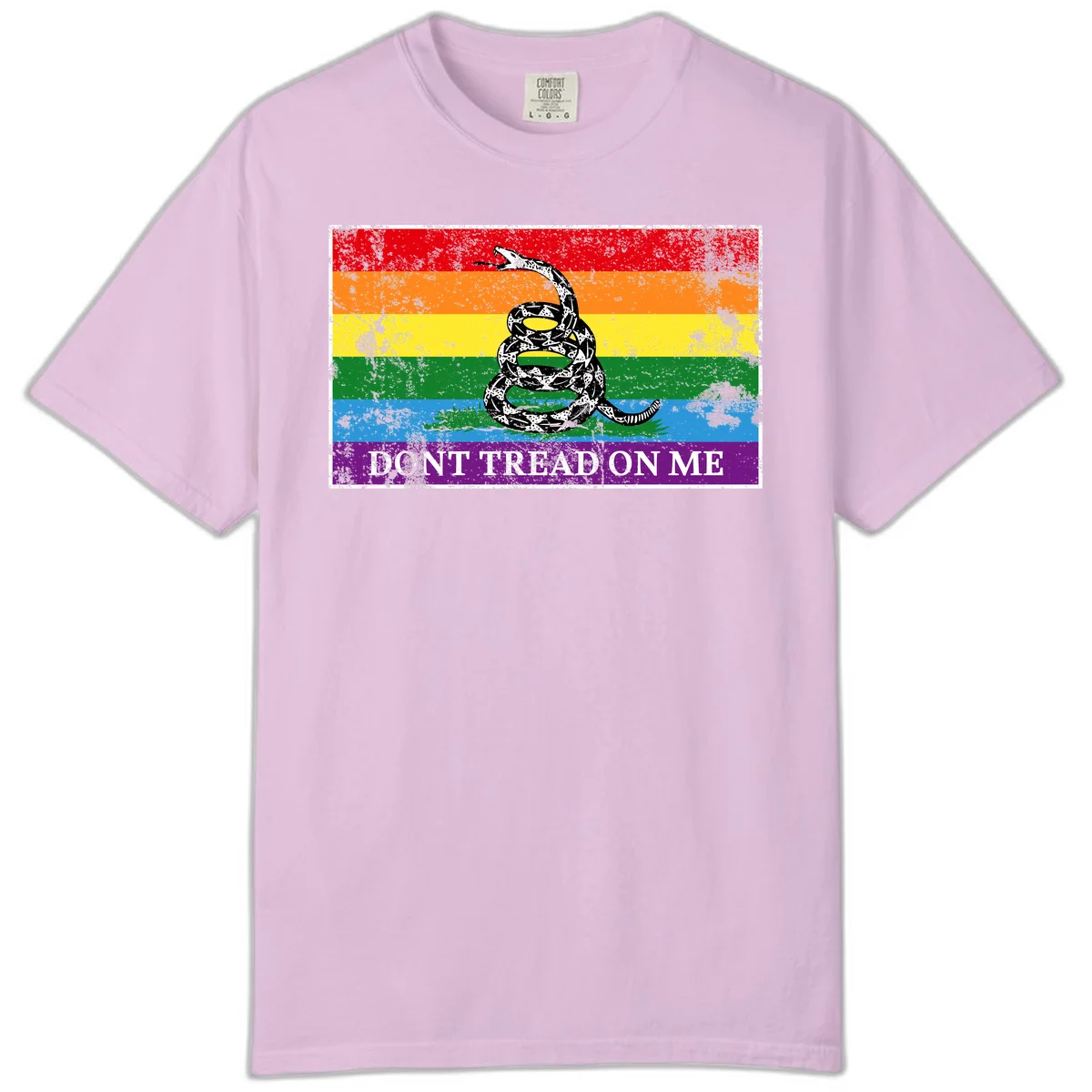 Rainbow pride flag with coiled snake and 'Don't Tread On Me' text - don't tread pride snake design in Orchid