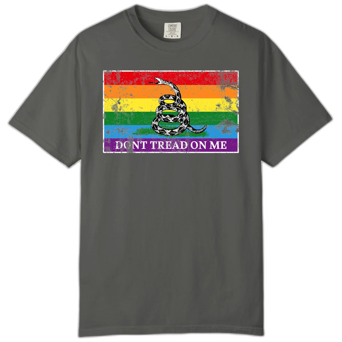Rainbow pride flag with coiled snake and 'Don't Tread On Me' text - don't tread pride snake design in Pepper