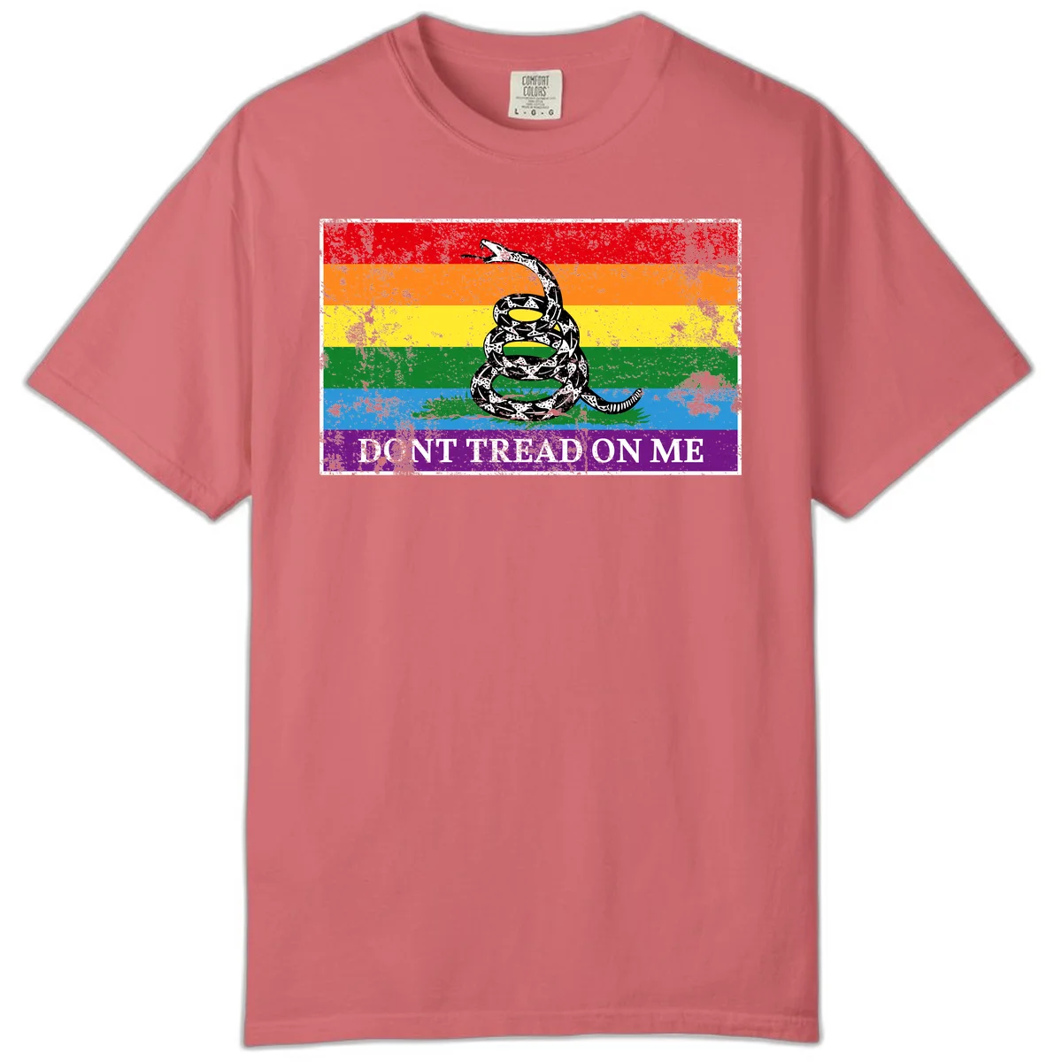 Rainbow pride flag with coiled snake and 'Don't Tread On Me' text - don't tread pride snake design in Watermelon