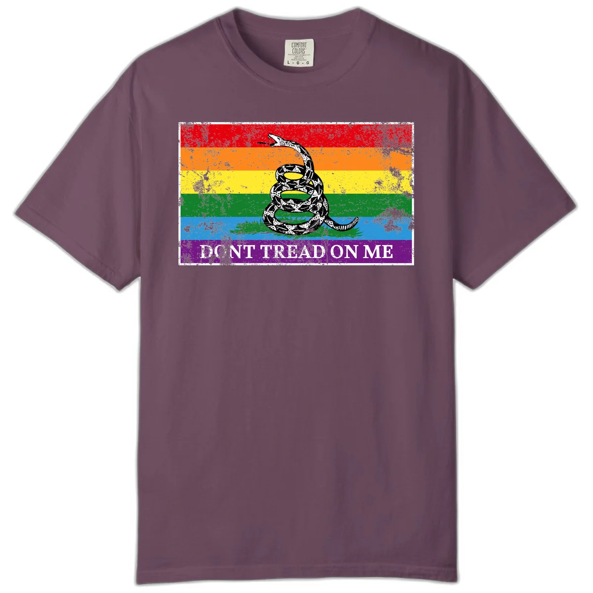 Rainbow pride flag with coiled snake and 'Don't Tread On Me' text - don't tread pride snake design in Berry
