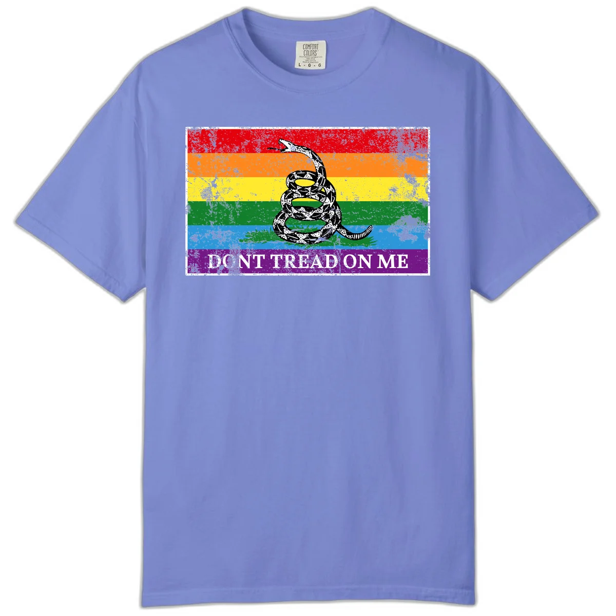Rainbow pride flag with coiled snake and 'Don't Tread On Me' text - don't tread pride snake design in Flo Blue