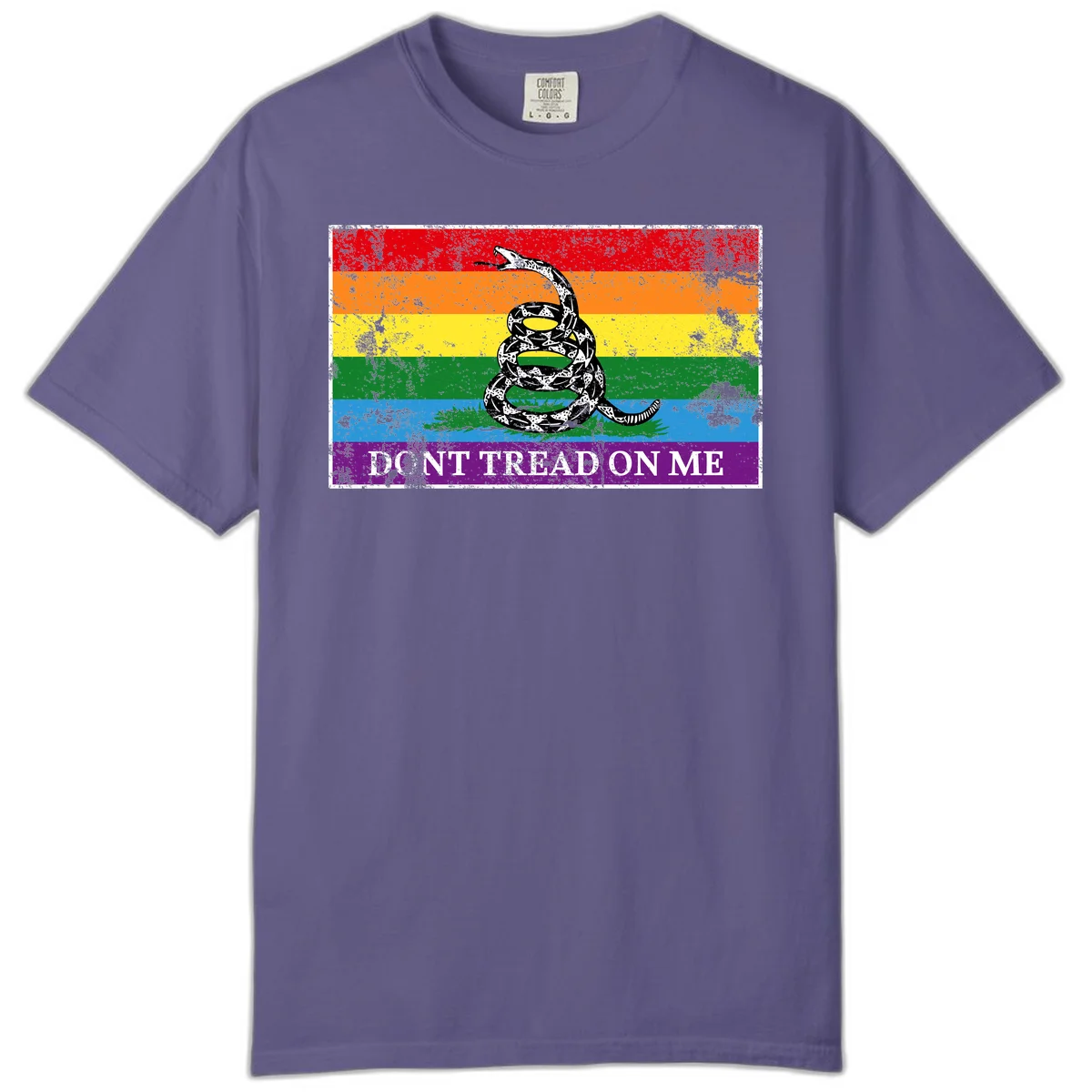 Rainbow pride flag with coiled snake and 'Don't Tread On Me' text - don't tread pride snake design in Grape