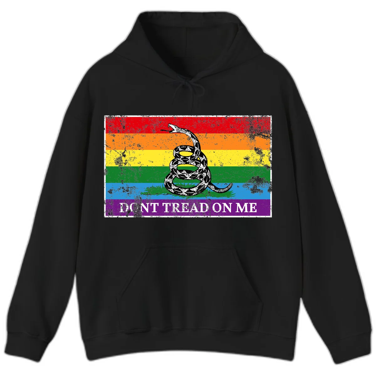Rainbow pride flag with coiled snake and 'Don't Tread On Me' text - don't tread pride snake design in Black